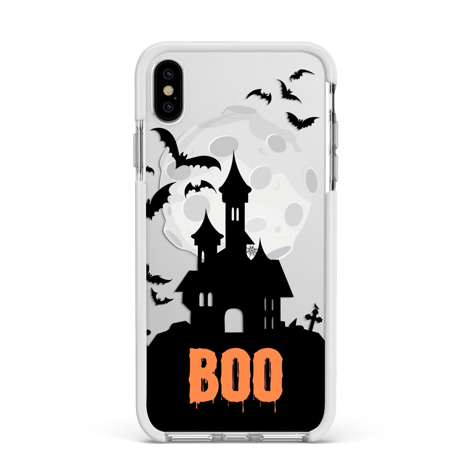 Boo Gothic Black Halloween Apple iPhone Xs Max Impact Case White Edge on Silver Phone