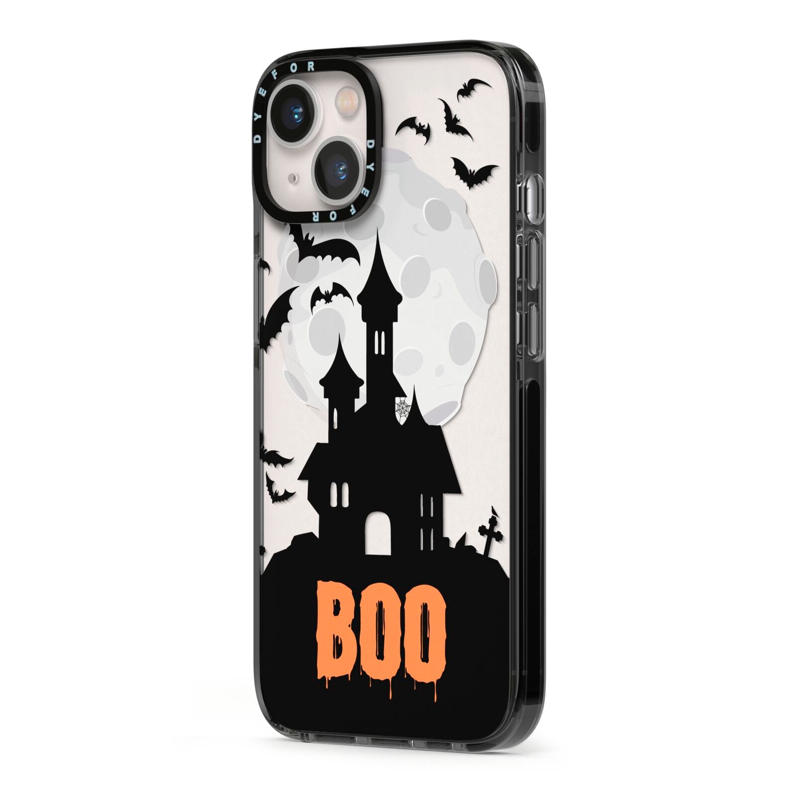 Boo Gothic Black Halloween iPhone 13 Black Impact Case Side Angle on Silver phone