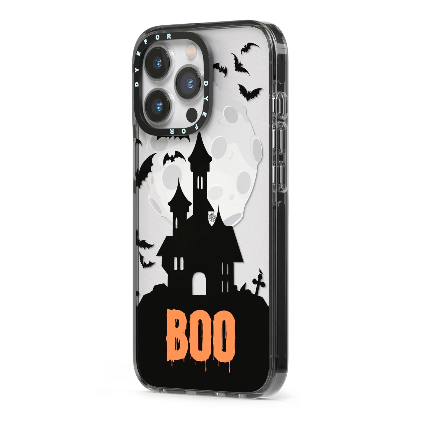 Boo Gothic Black Halloween iPhone 13 Pro Black Impact Case Side Angle on Silver phone