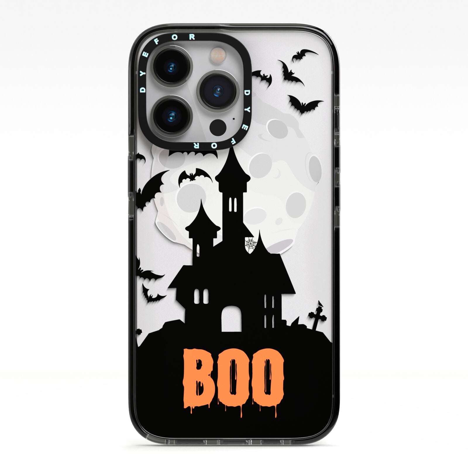 Boo Gothic Black Halloween iPhone 13 Pro Black Impact Case on Silver phone