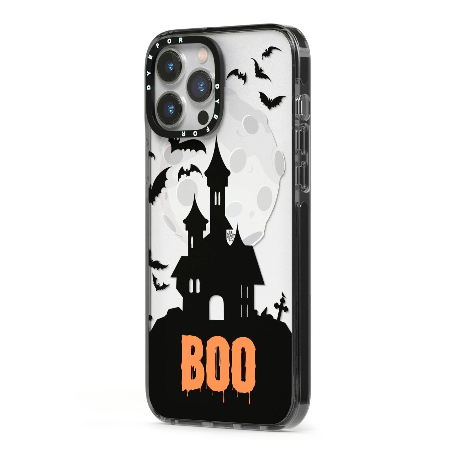 Boo Gothic Black Halloween iPhone 13 Pro Max Black Impact Case Side Angle on Silver phone