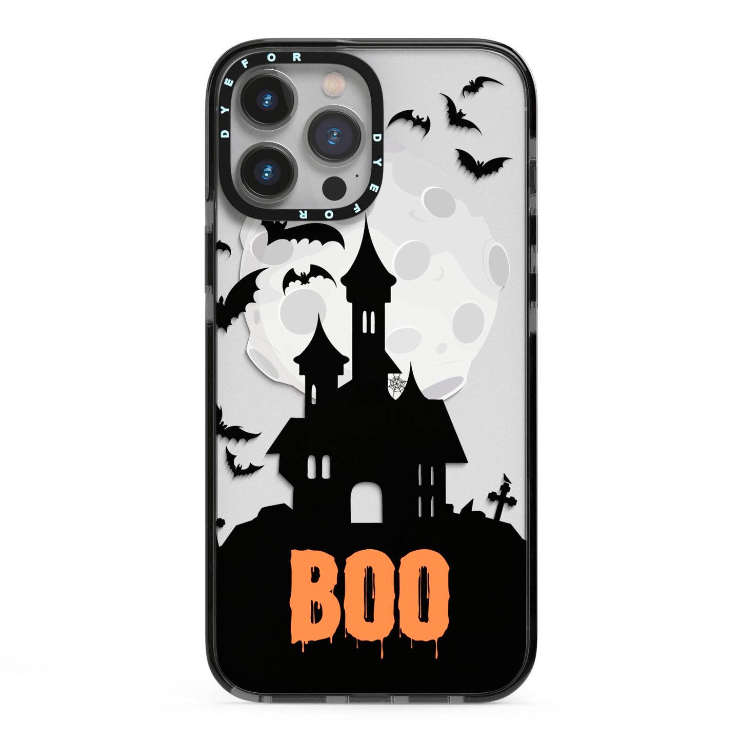 Boo Gothic Black Halloween iPhone 13 Pro Max Black Impact Case on Silver phone