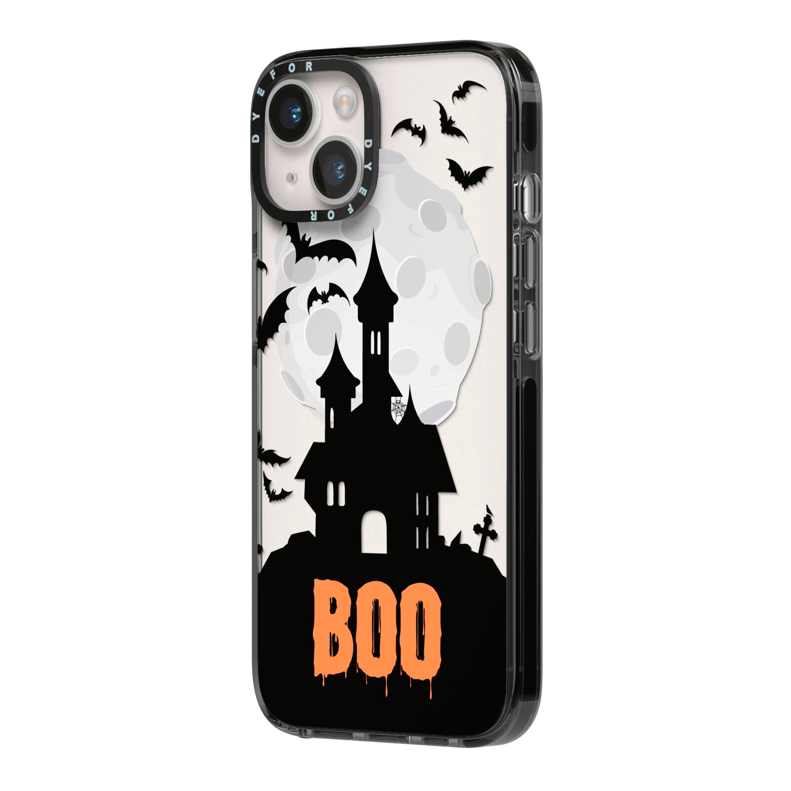 Boo Gothic Black Halloween iPhone 14 Black Impact Case Side Angle on Silver phone