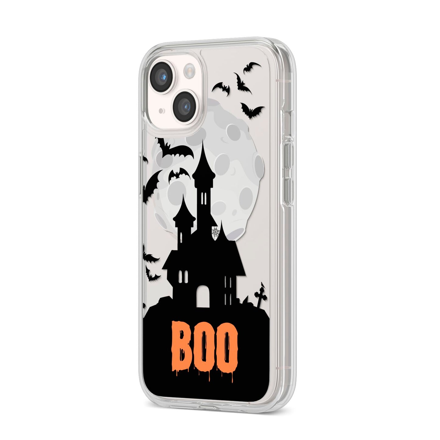 Boo Gothic Black Halloween iPhone 14 Clear Tough Case Starlight Angled Image