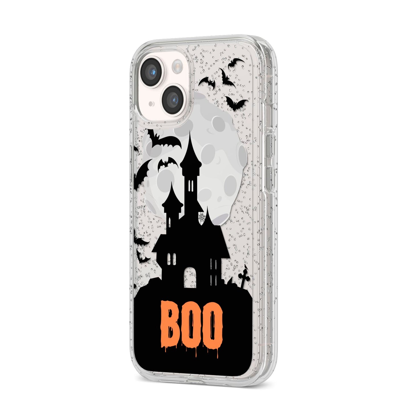 Boo Gothic Black Halloween iPhone 14 Glitter Tough Case Starlight Angled Image