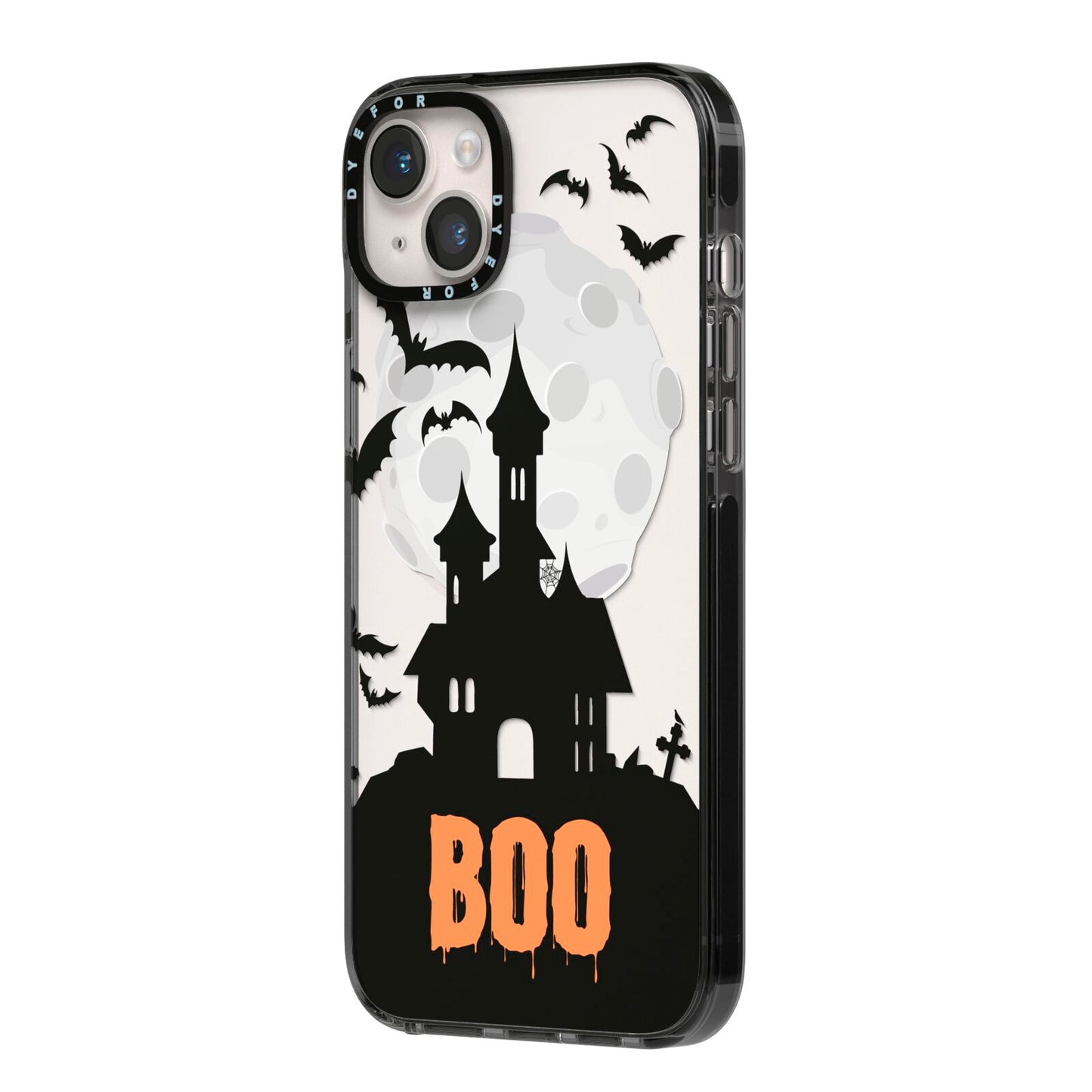 Boo Gothic Black Halloween iPhone 14 Plus Black Impact Case Side Angle on Silver phone