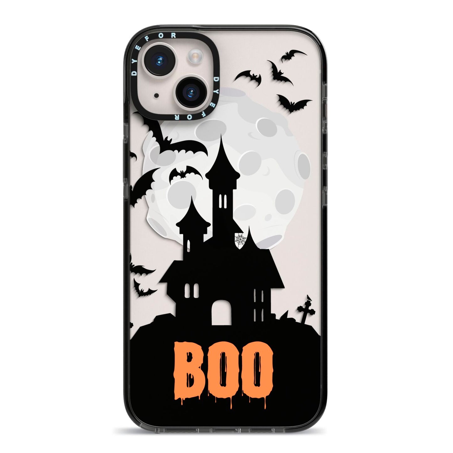 Boo Gothic Black Halloween iPhone 14 Plus Black Impact Case on Silver phone