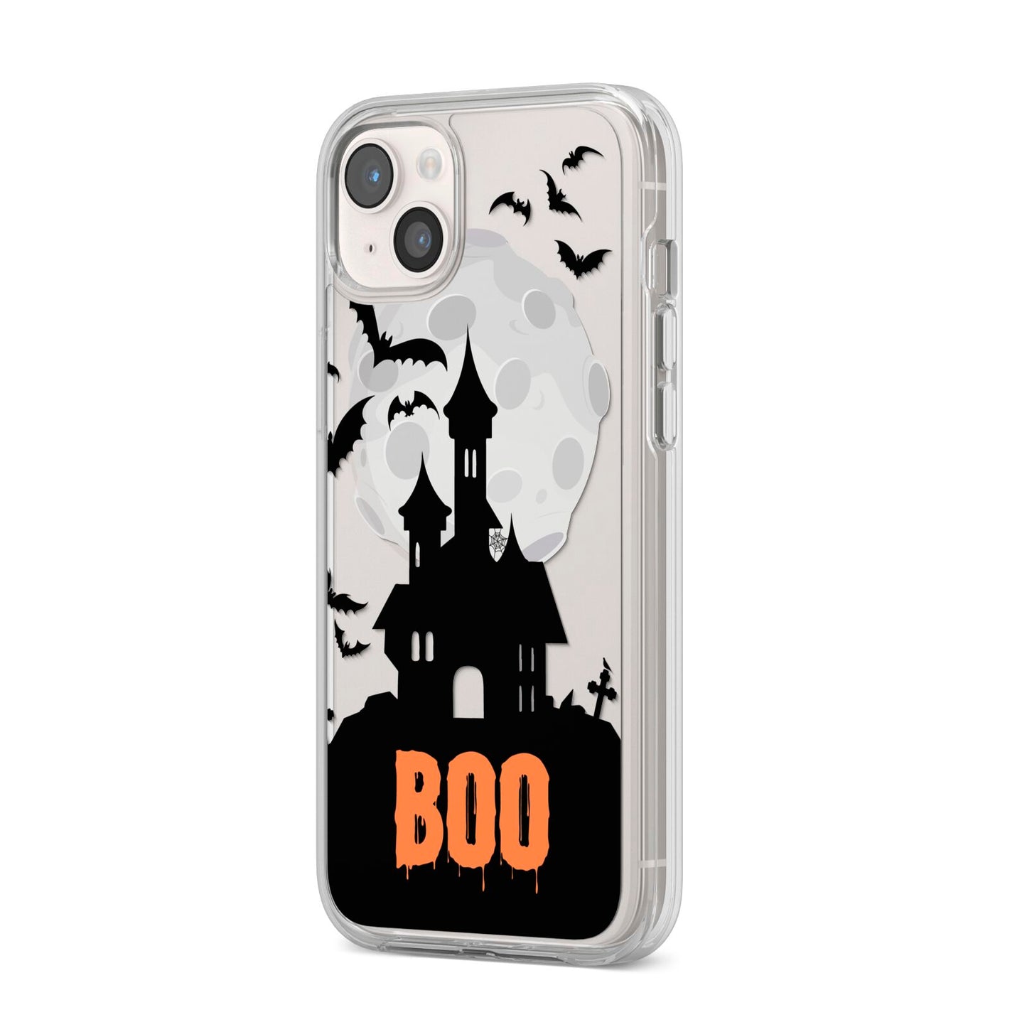 Boo Gothic Black Halloween iPhone 14 Plus Clear Tough Case Starlight Angled Image