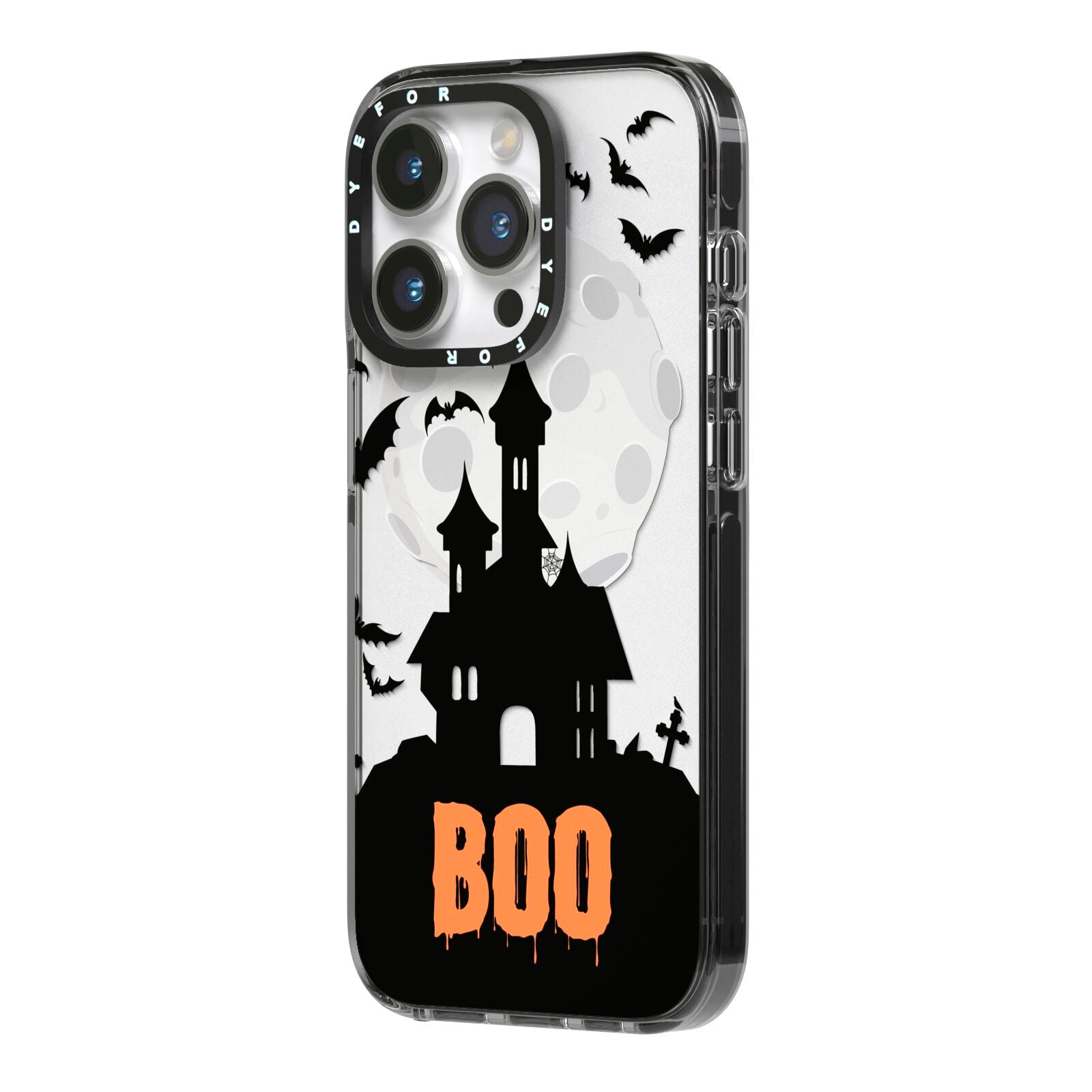 Boo Gothic Black Halloween iPhone 14 Pro Black Impact Case Side Angle on Silver phone