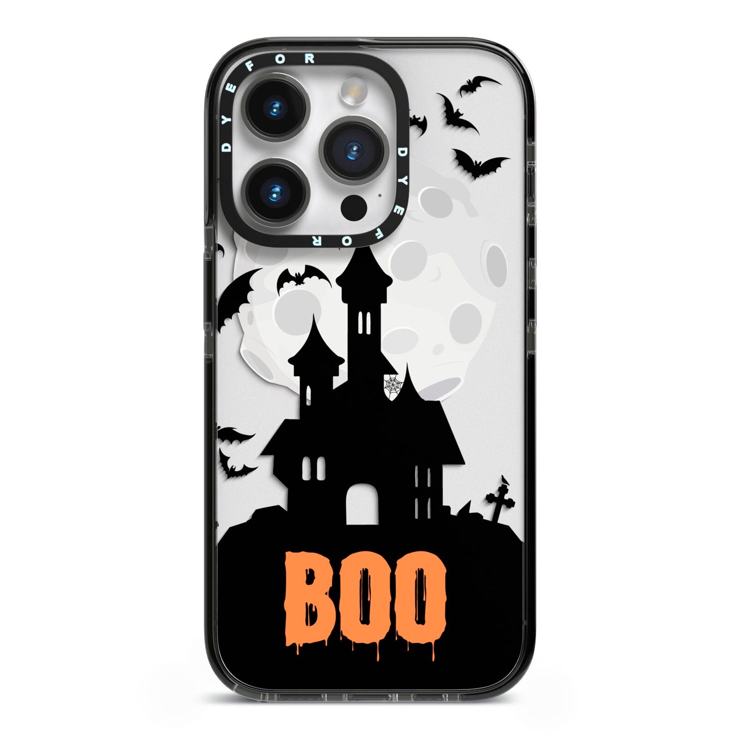 Boo Gothic Black Halloween iPhone 14 Pro Black Impact Case on Silver phone