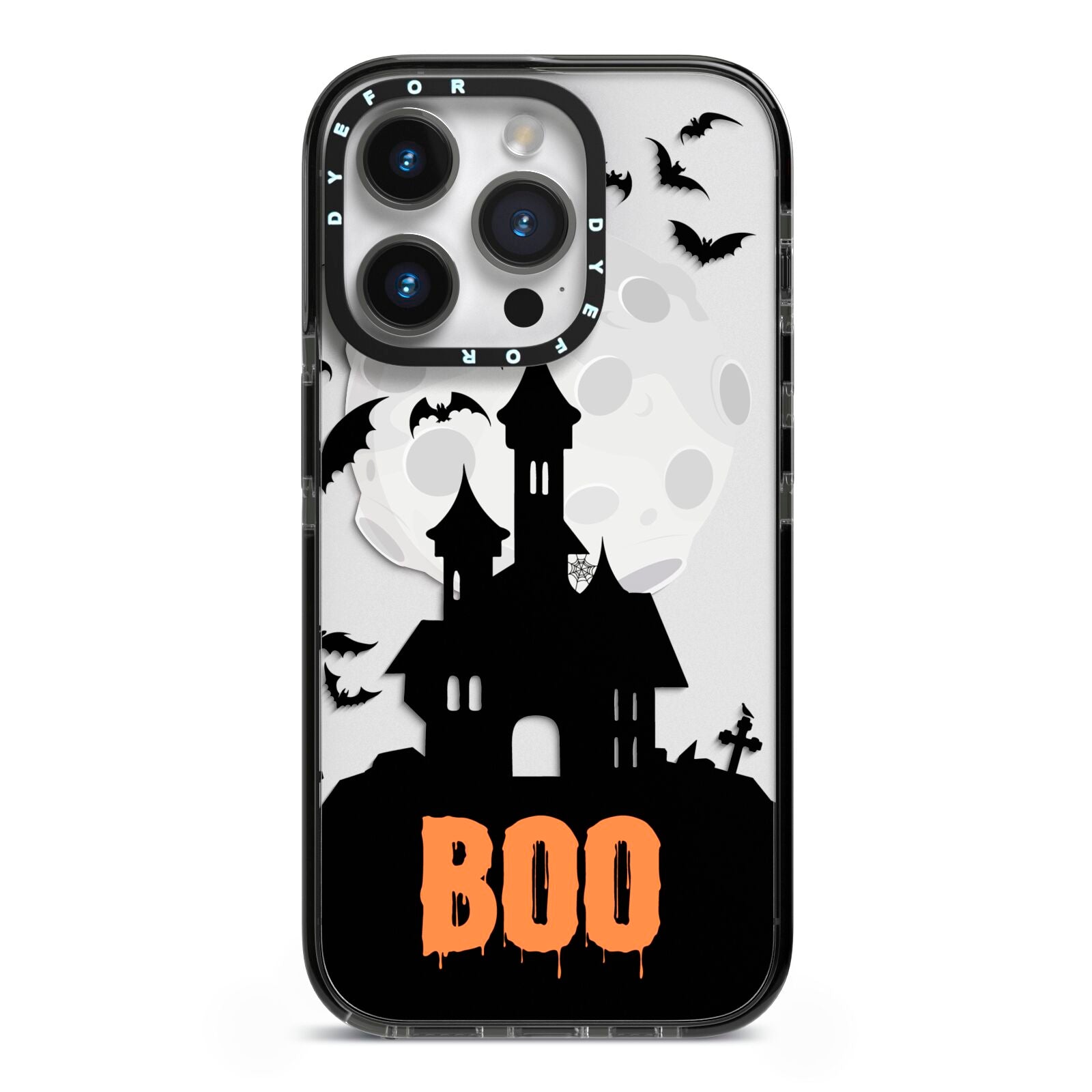 Boo Gothic Black Halloween iPhone 14 Pro Black Impact Case on Silver phone