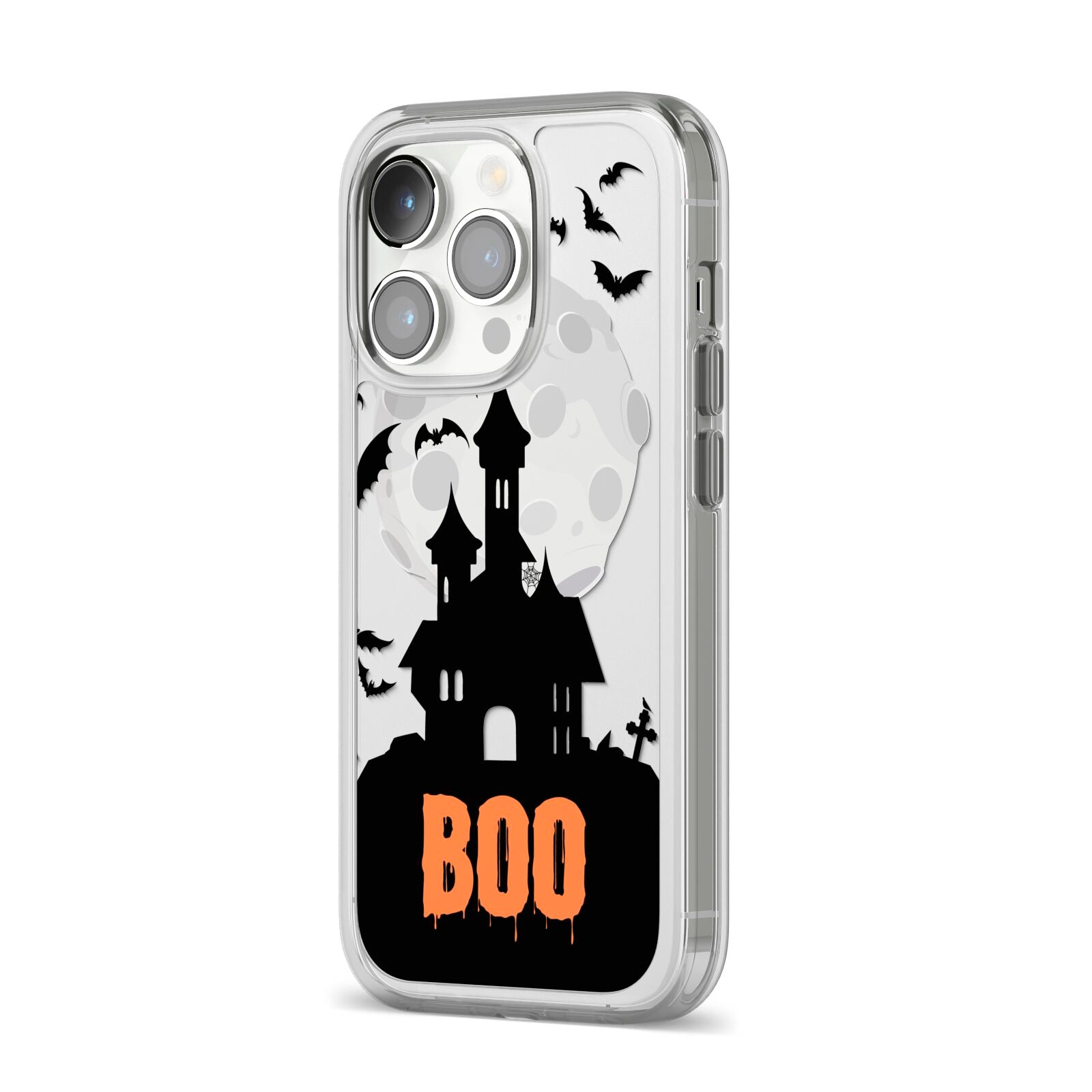 Boo Gothic Black Halloween iPhone 14 Pro Clear Tough Case Silver Angled Image