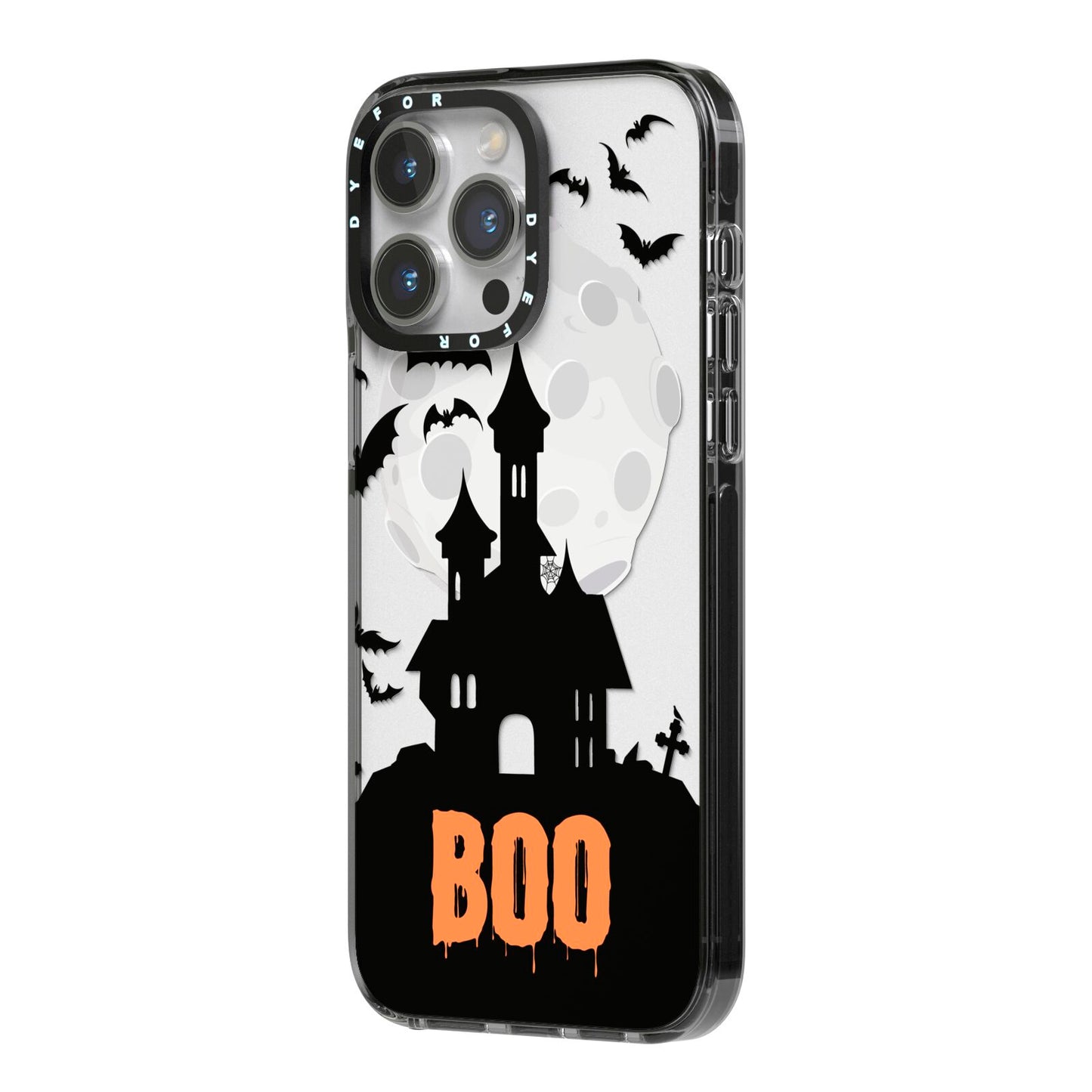 Boo Gothic Black Halloween iPhone 14 Pro Max Black Impact Case Side Angle on Silver phone