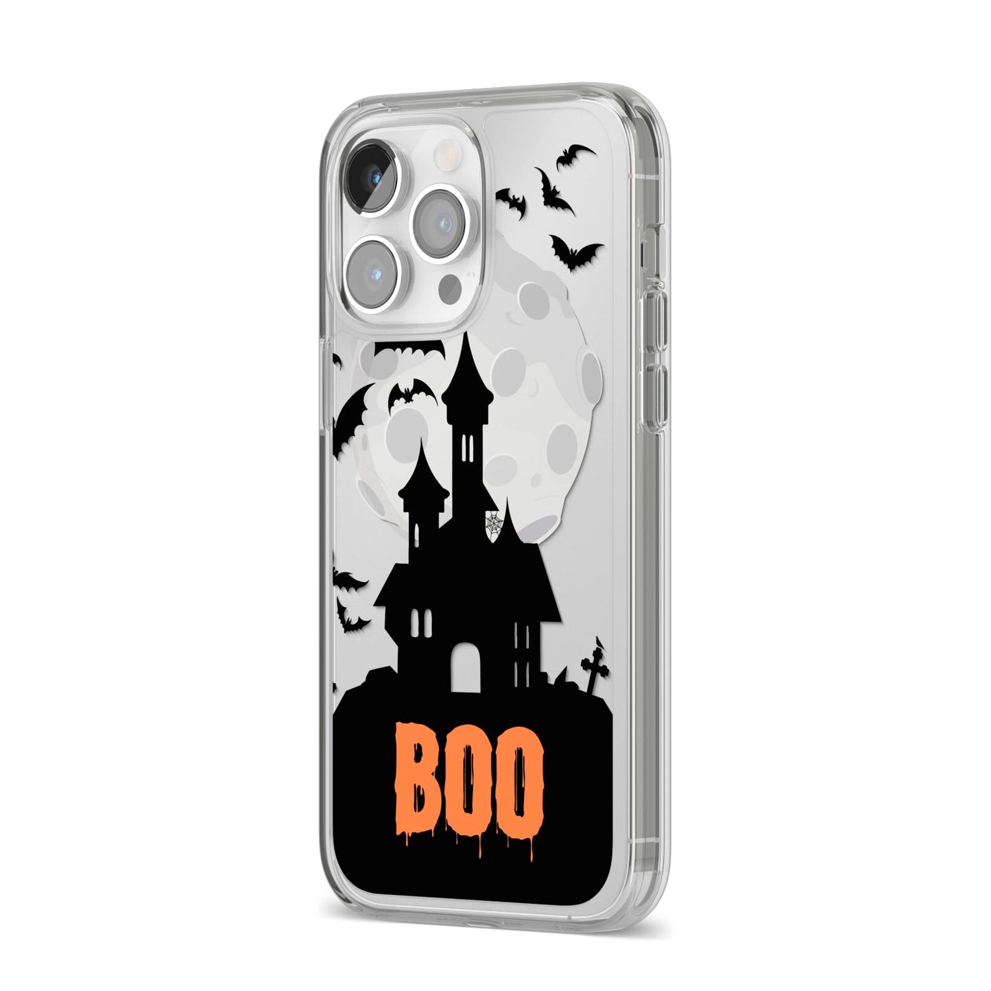 Boo Gothic Black Halloween iPhone 14 Pro Max Clear Tough Case Silver Angled Image