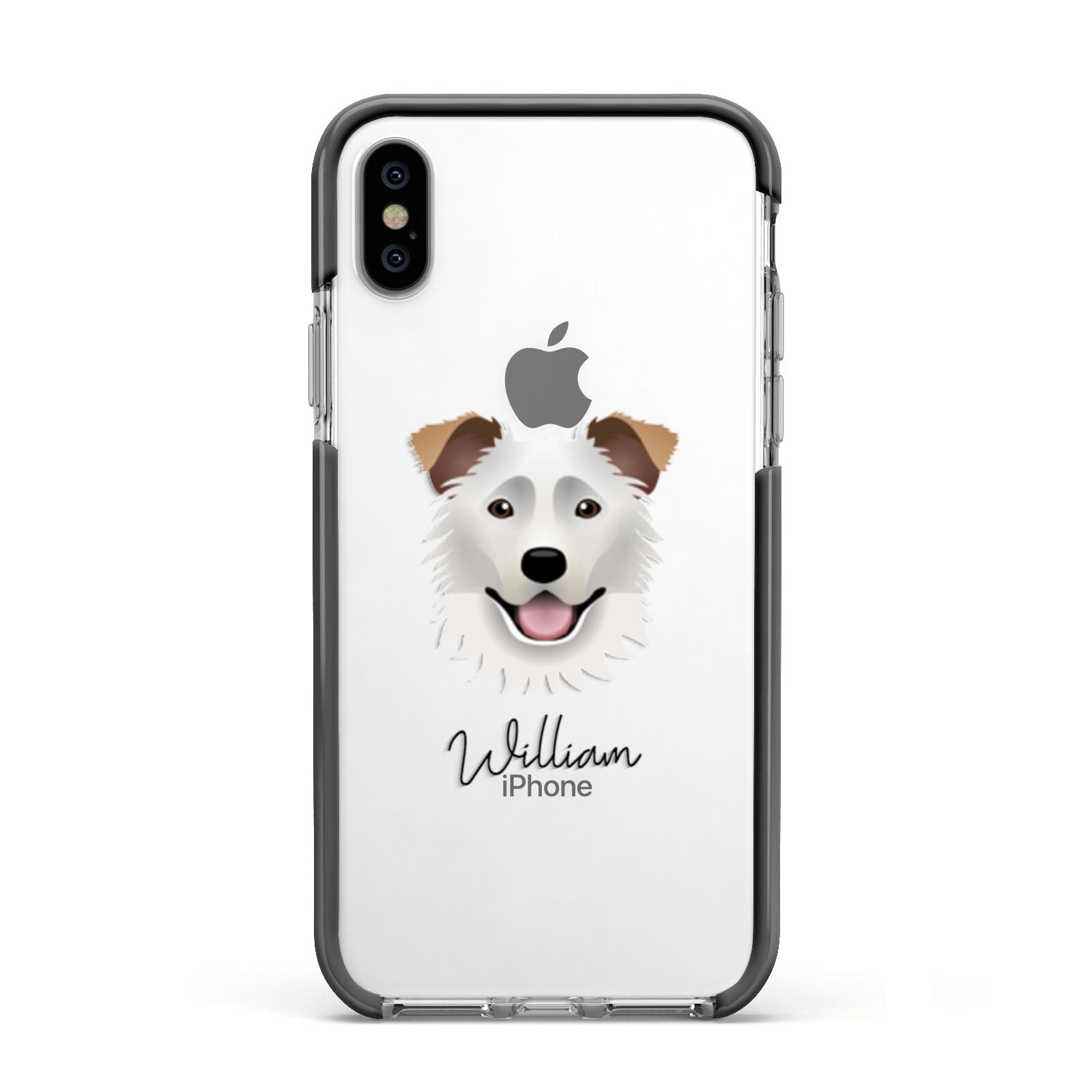 Border Collie Personalised Apple iPhone Xs Impact Case Black Edge on Silver Phone