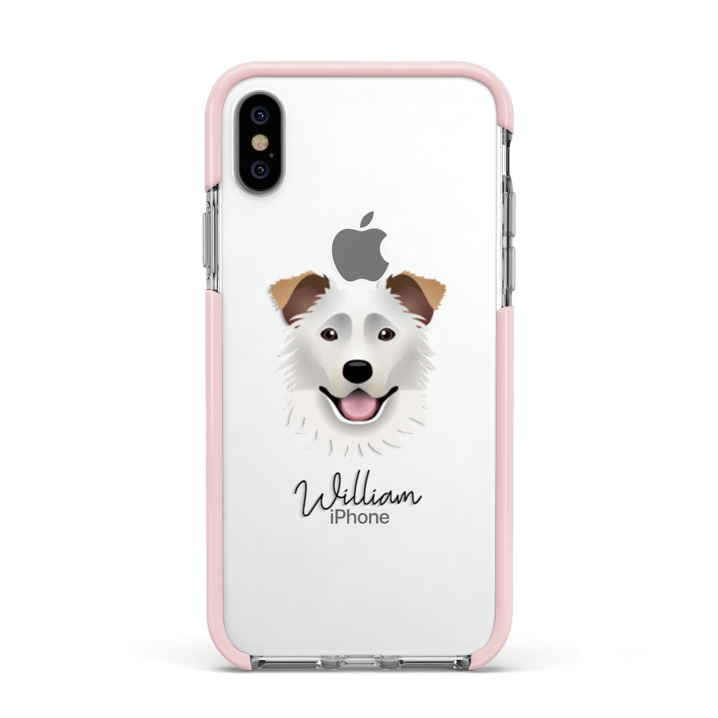 Border Collie Personalised Apple iPhone Xs Impact Case Pink Edge on Silver Phone