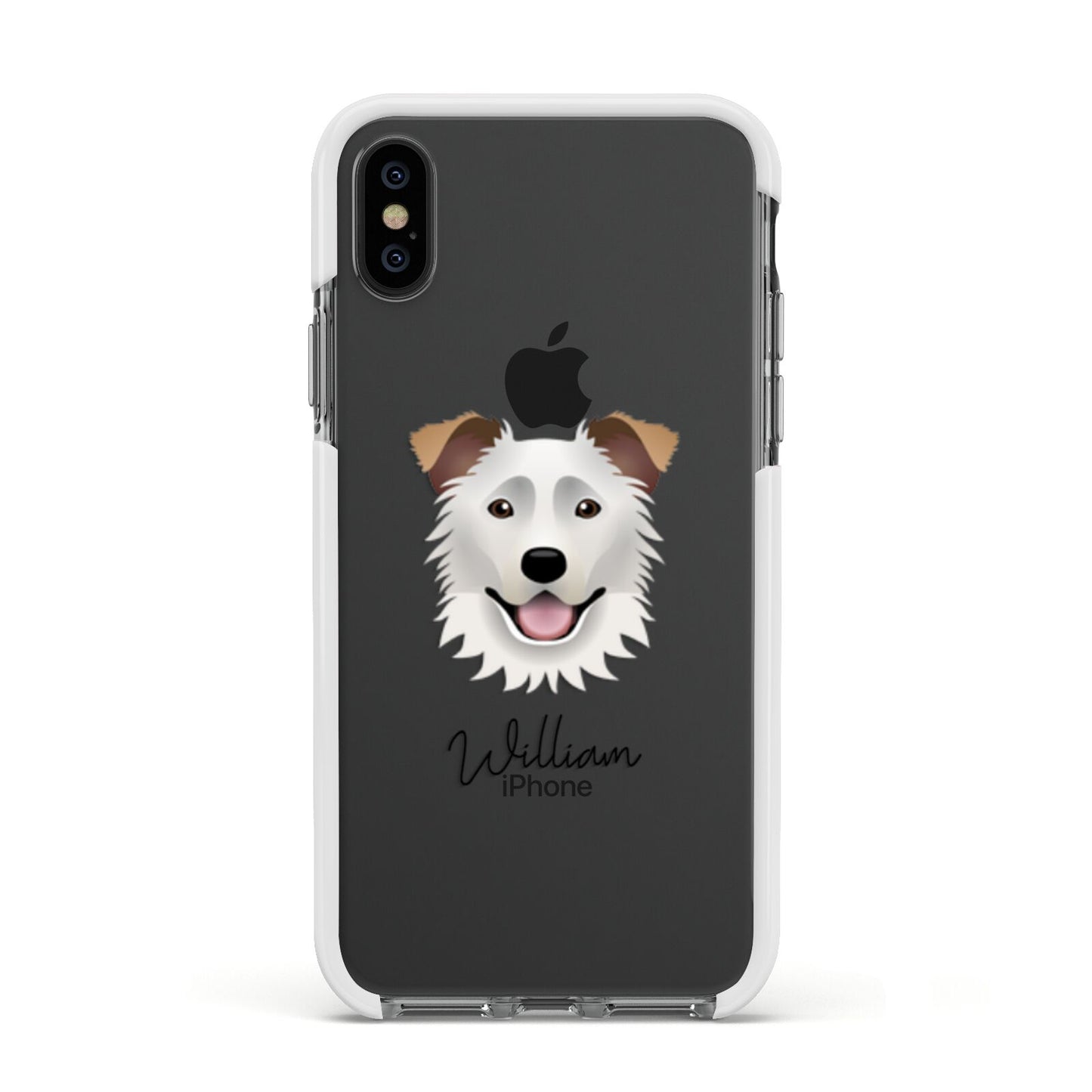 Border Collie Personalised Apple iPhone Xs Impact Case White Edge on Black Phone