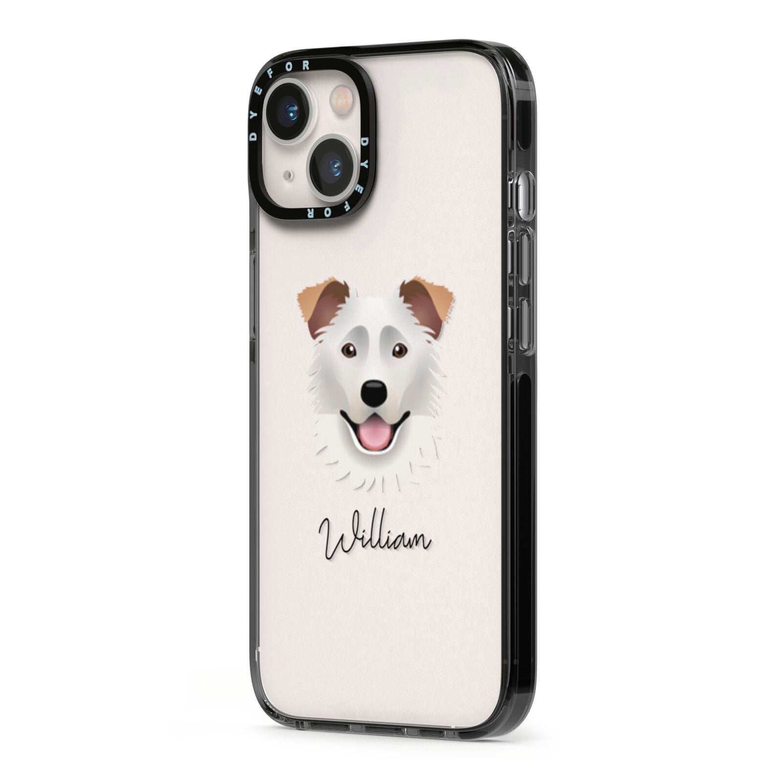 Border Collie Personalised iPhone 13 Black Impact Case Side Angle on Silver phone