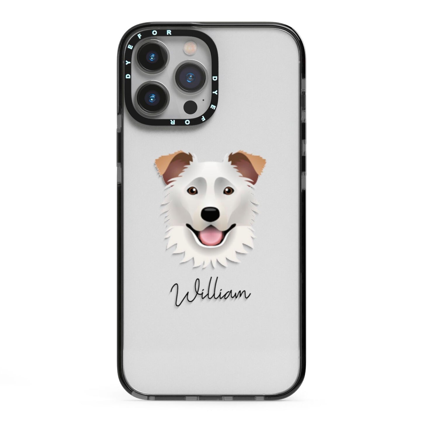 Border Collie Personalised iPhone 13 Pro Max Black Impact Case on Silver phone