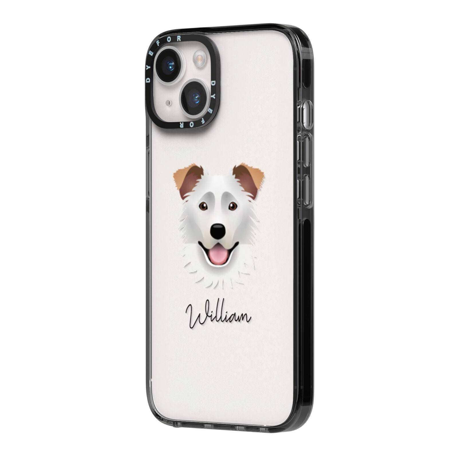 Border Collie Personalised iPhone 14 Black Impact Case Side Angle on Silver phone