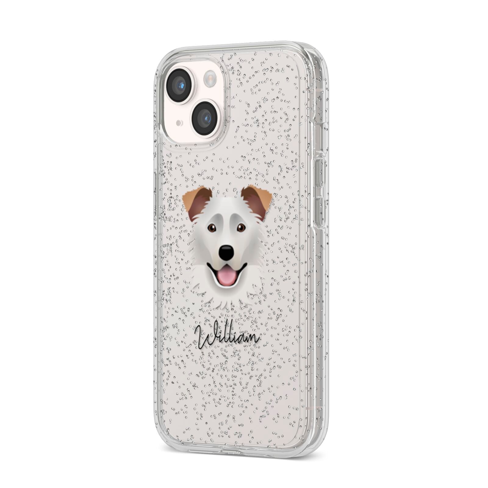Border Collie Personalised iPhone 14 Glitter Tough Case Starlight Angled Image