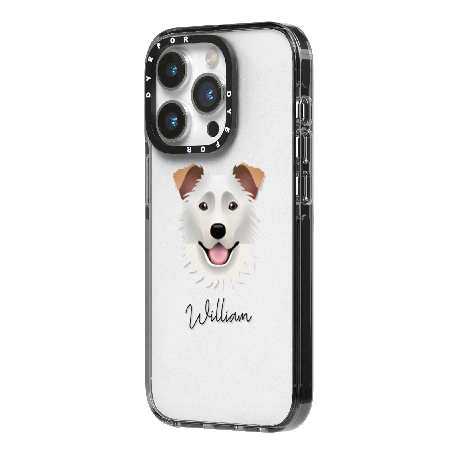 Border Collie Personalised iPhone 14 Pro Black Impact Case Side Angle on Silver phone