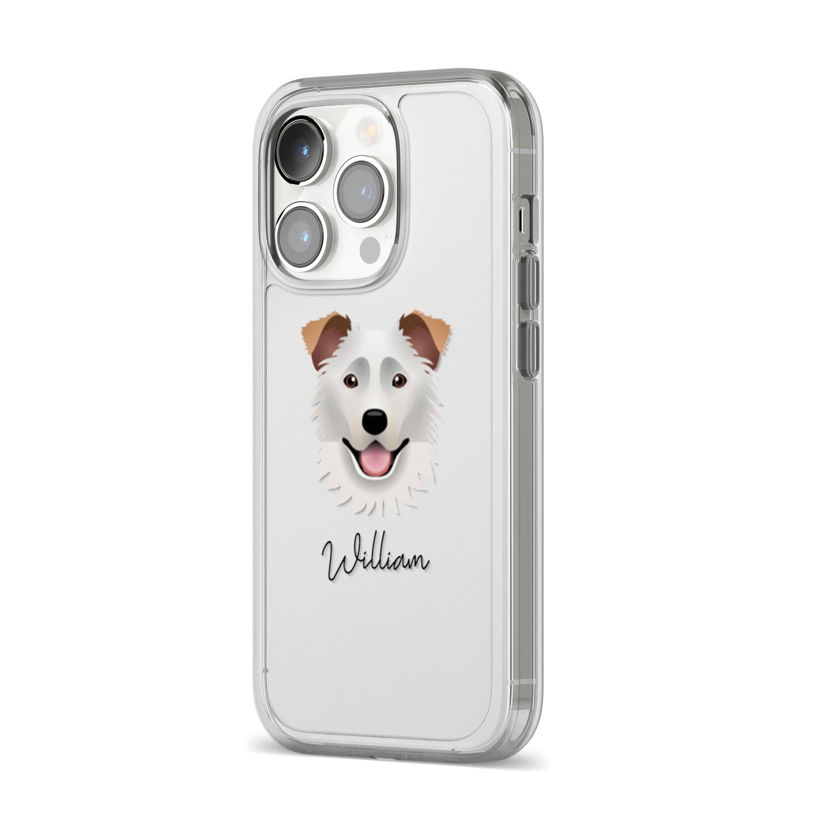 Border Collie Personalised iPhone 14 Pro Clear Tough Case Silver Angled Image