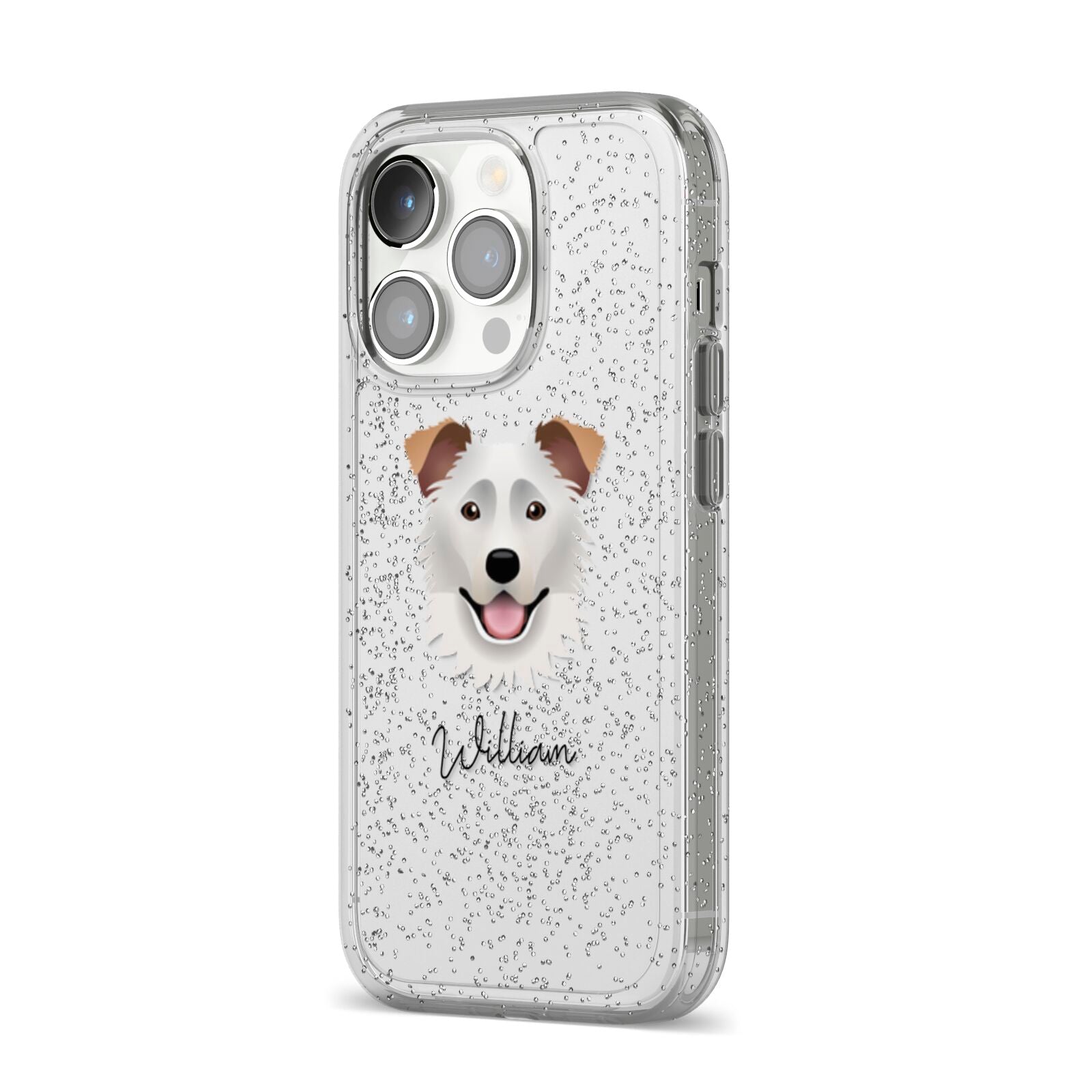 Border Collie Personalised iPhone 14 Pro Glitter Tough Case Silver Angled Image