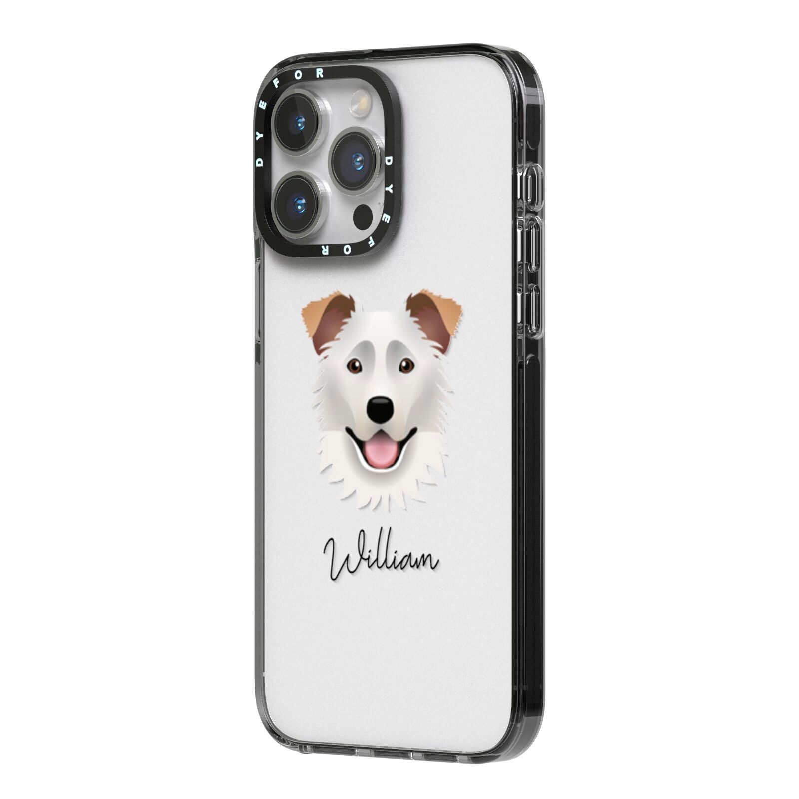 Border Collie Personalised iPhone 14 Pro Max Black Impact Case Side Angle on Silver phone