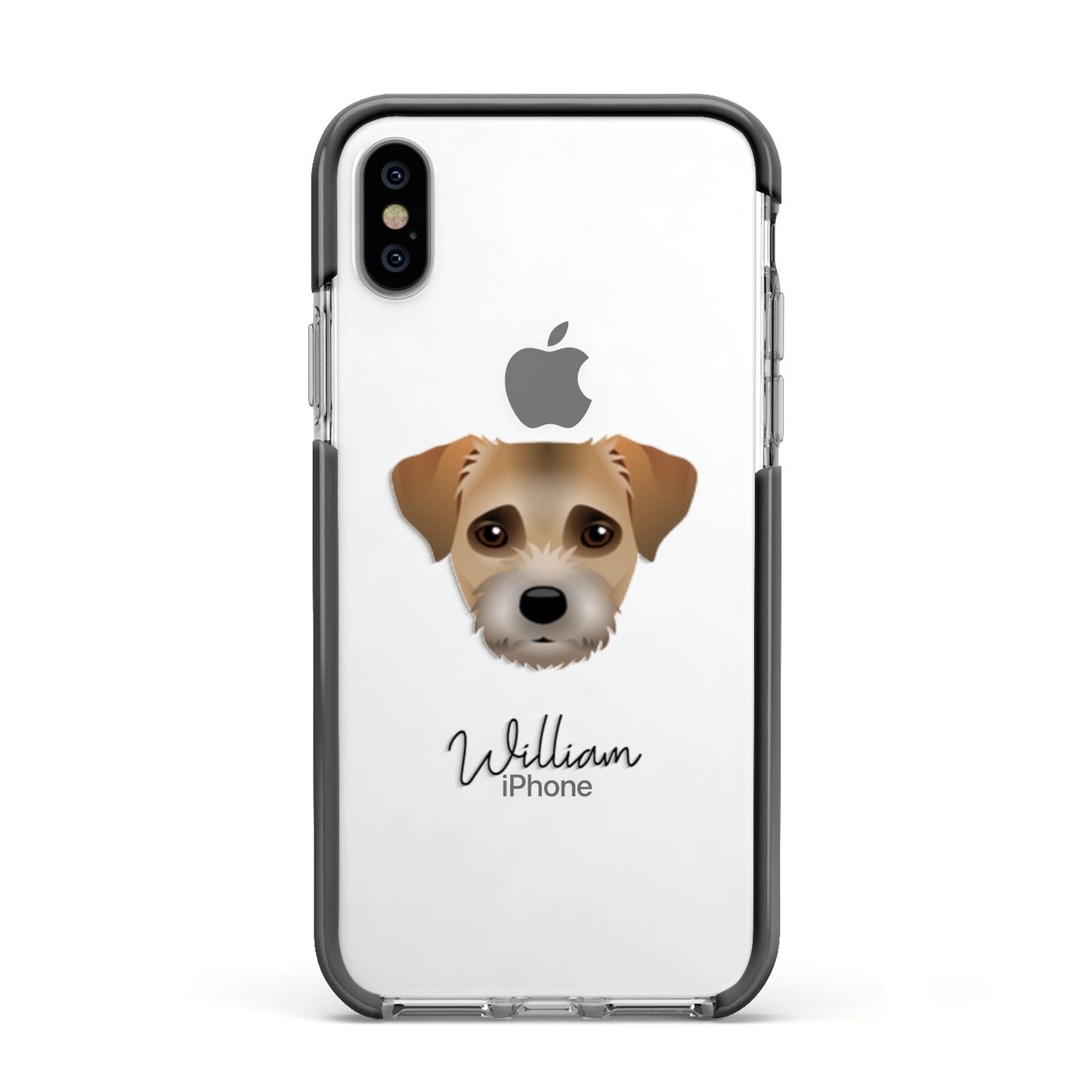 Border Terrier Personalised Apple iPhone Xs Impact Case Black Edge on Silver Phone