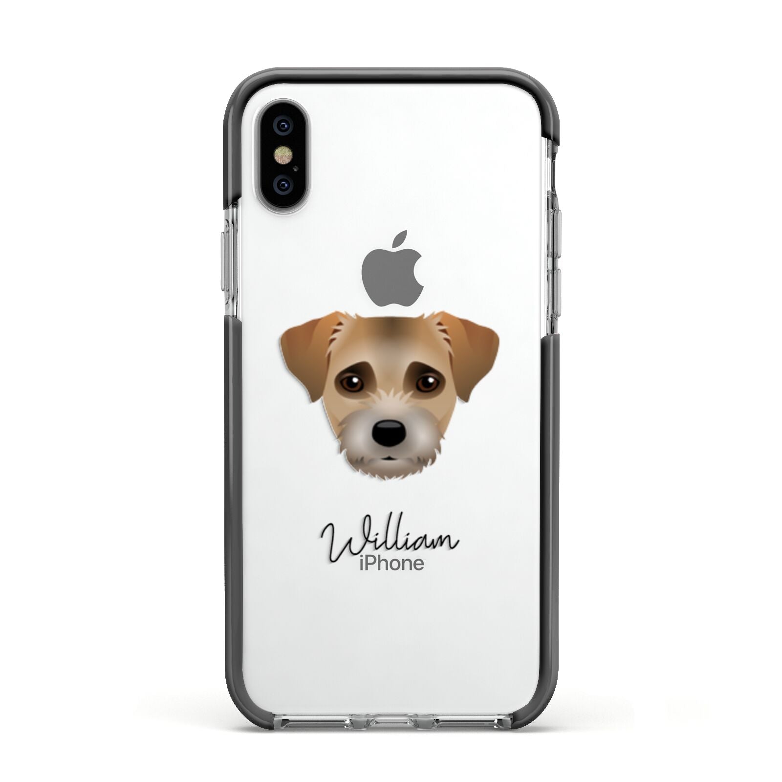 Border Terrier Personalised Apple iPhone Xs Impact Case Black Edge on Silver Phone