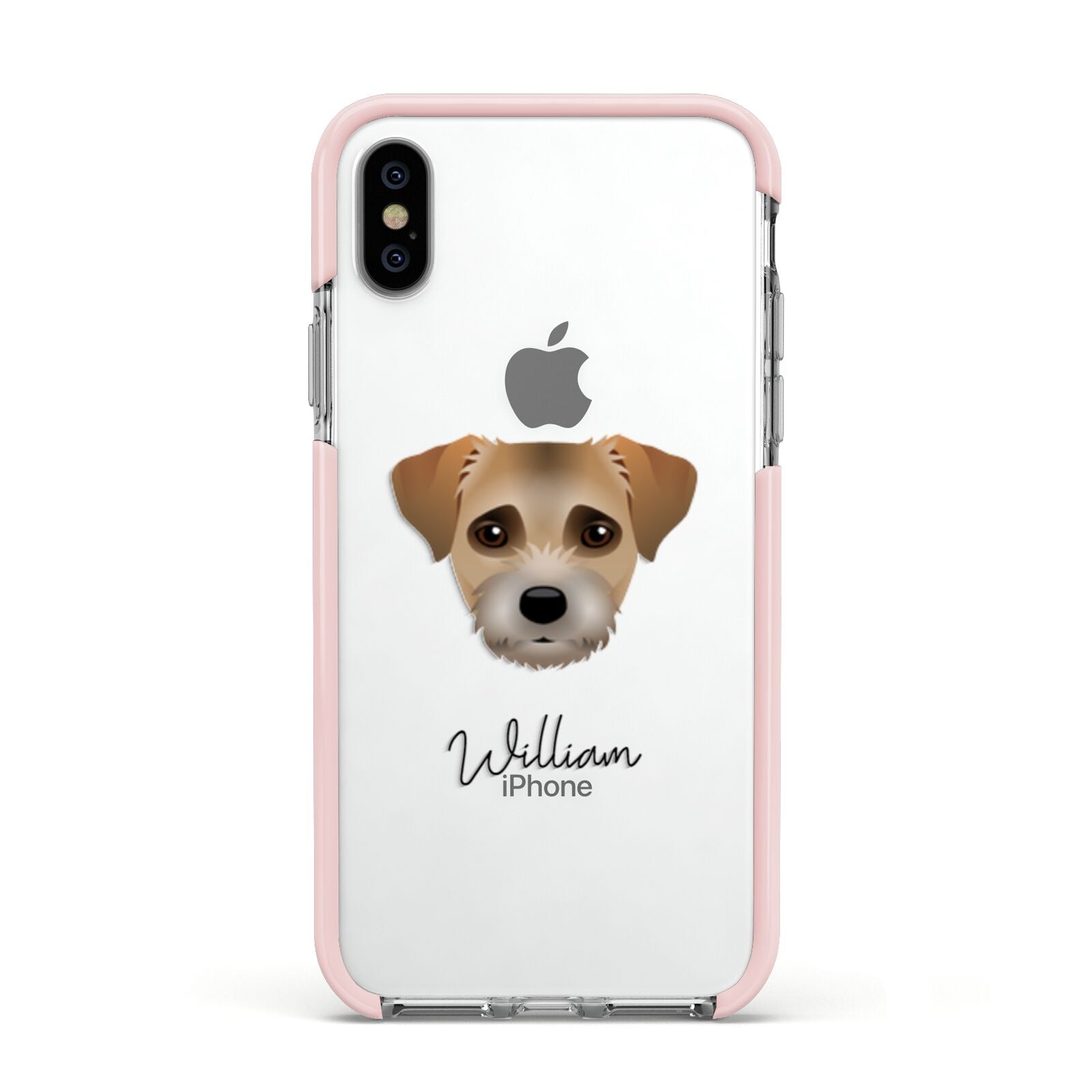 Border Terrier Personalised Apple iPhone Xs Impact Case Pink Edge on Silver Phone