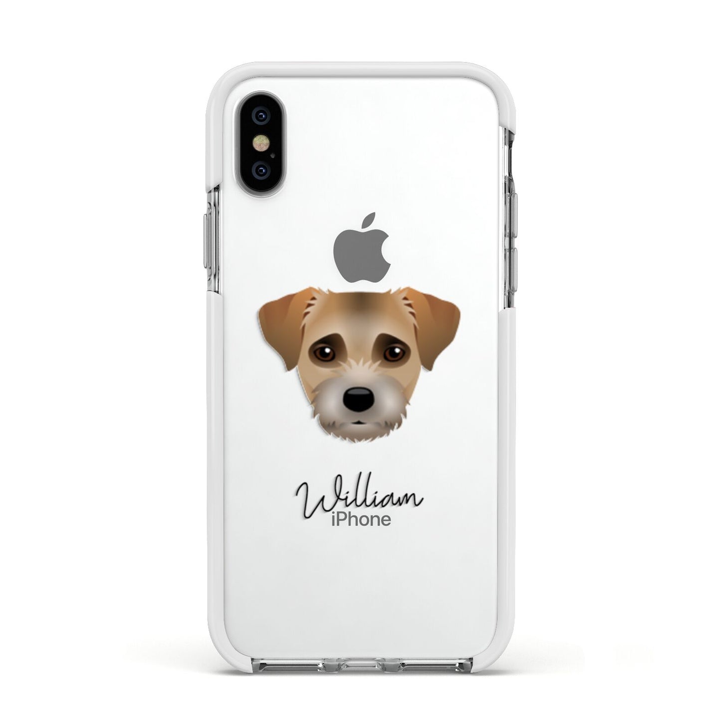 Border Terrier Personalised Apple iPhone Xs Impact Case White Edge on Silver Phone