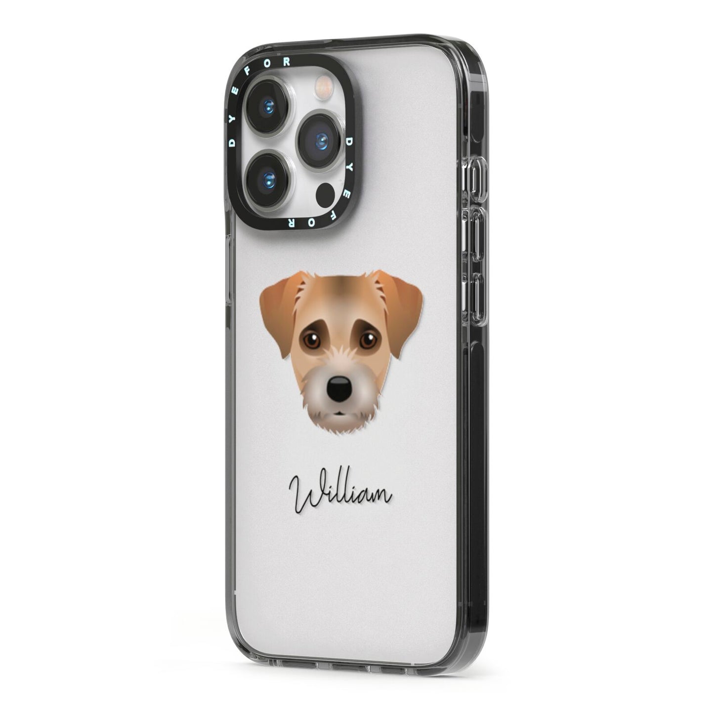 Border Terrier Personalised iPhone 13 Pro Black Impact Case Side Angle on Silver phone