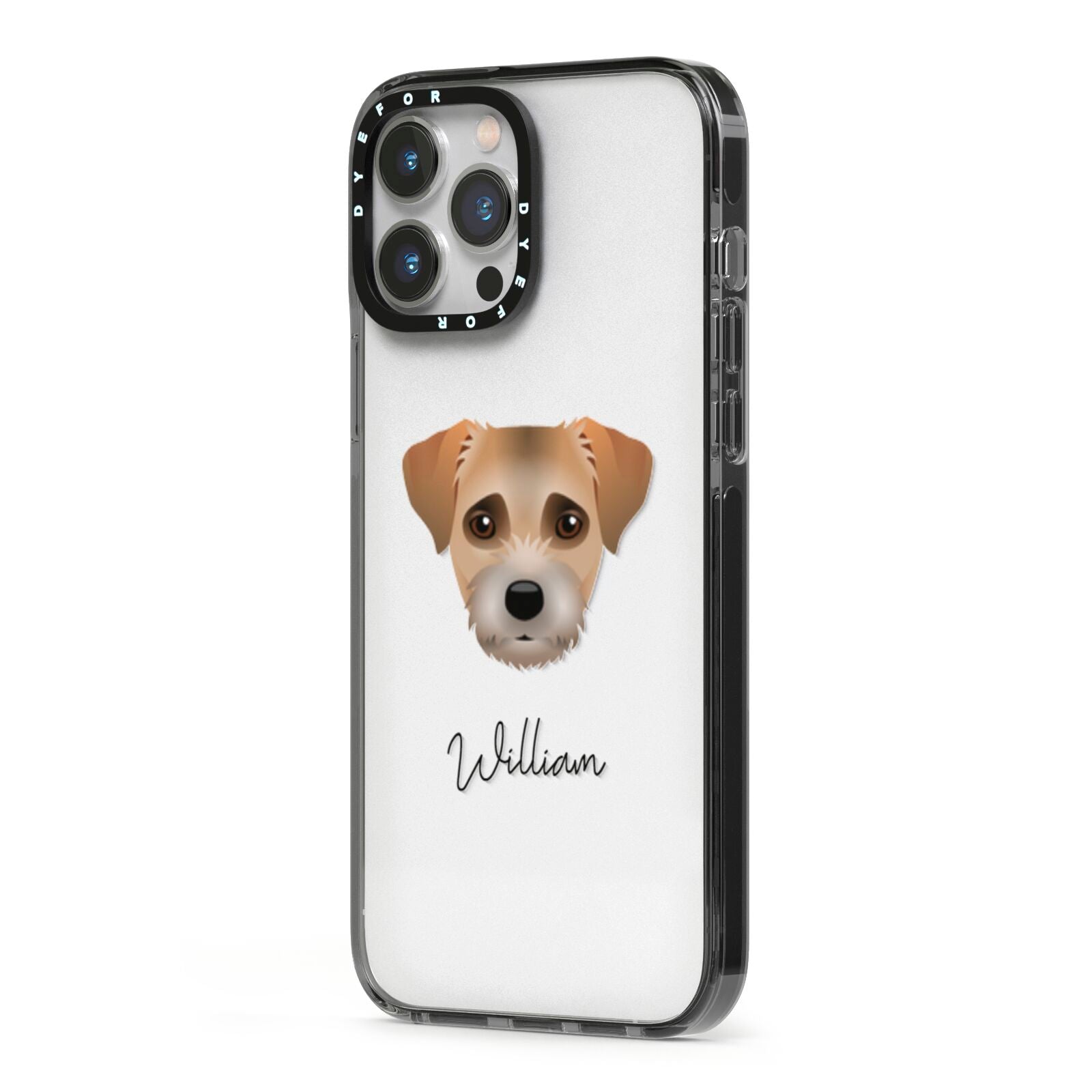 Border Terrier Personalised iPhone 13 Pro Max Black Impact Case Side Angle on Silver phone