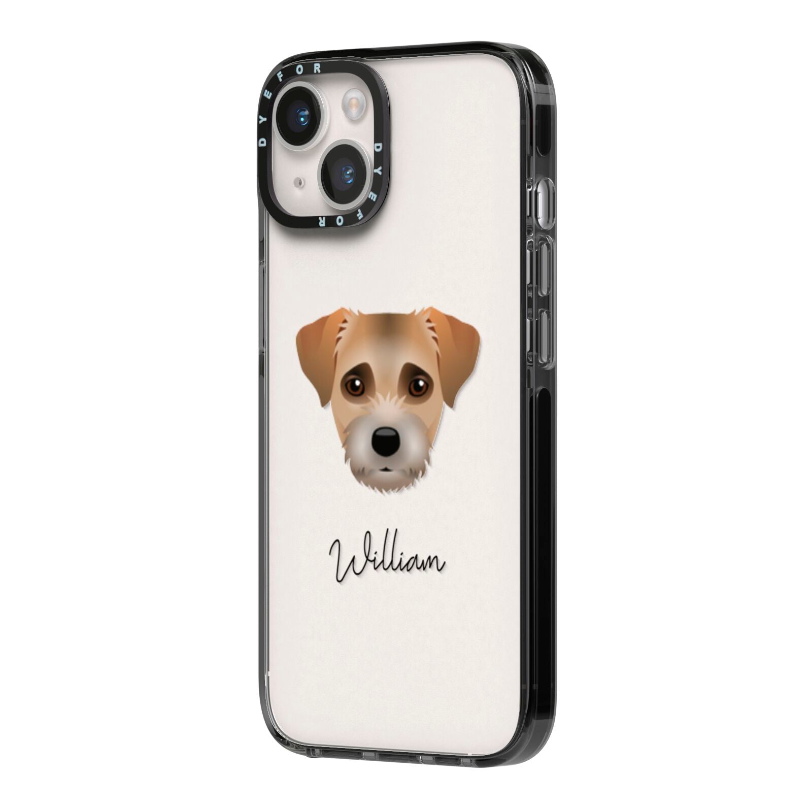 Border Terrier Personalised iPhone 14 Black Impact Case Side Angle on Silver phone
