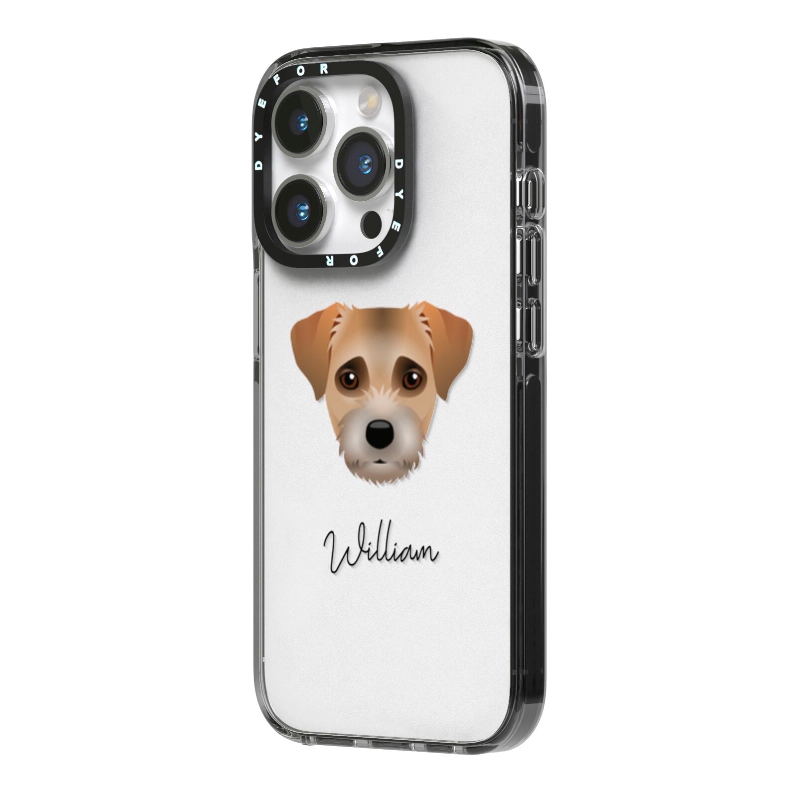 Border Terrier Personalised iPhone 14 Pro Black Impact Case Side Angle on Silver phone