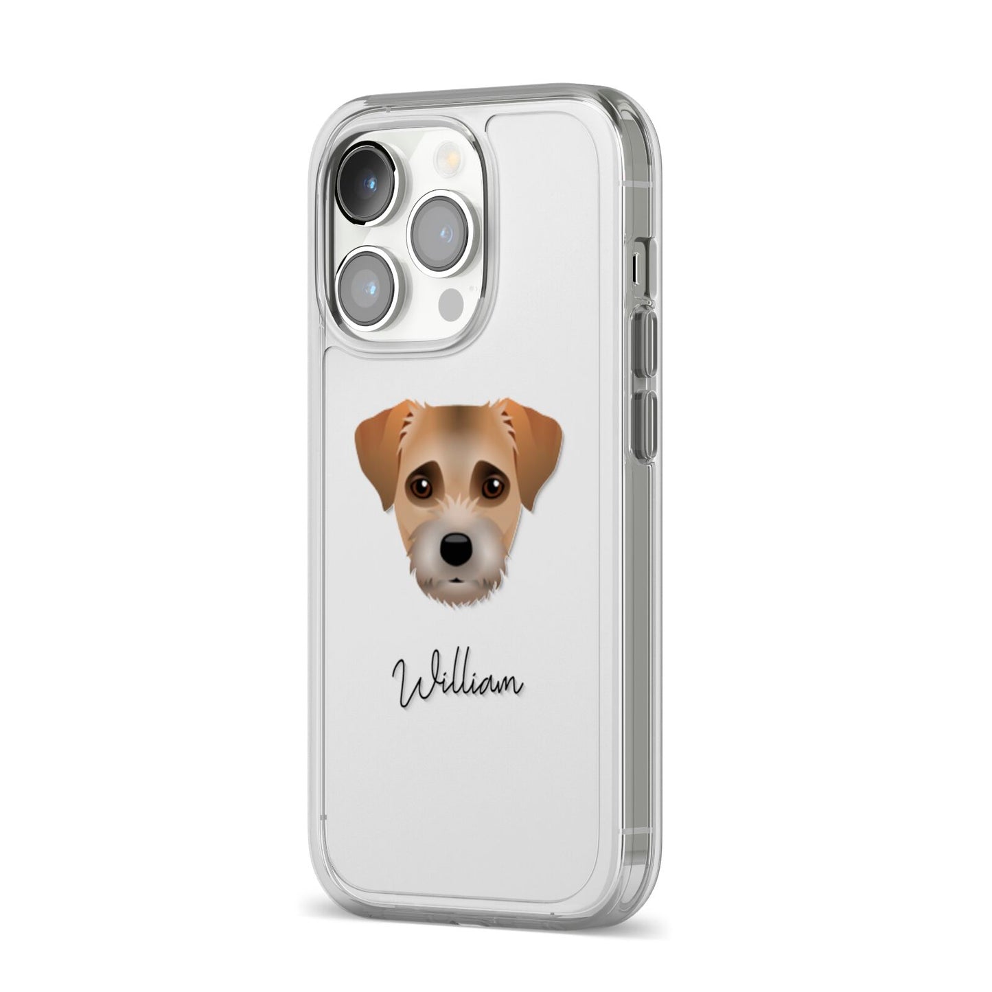 Border Terrier Personalised iPhone 14 Pro Clear Tough Case Silver Angled Image