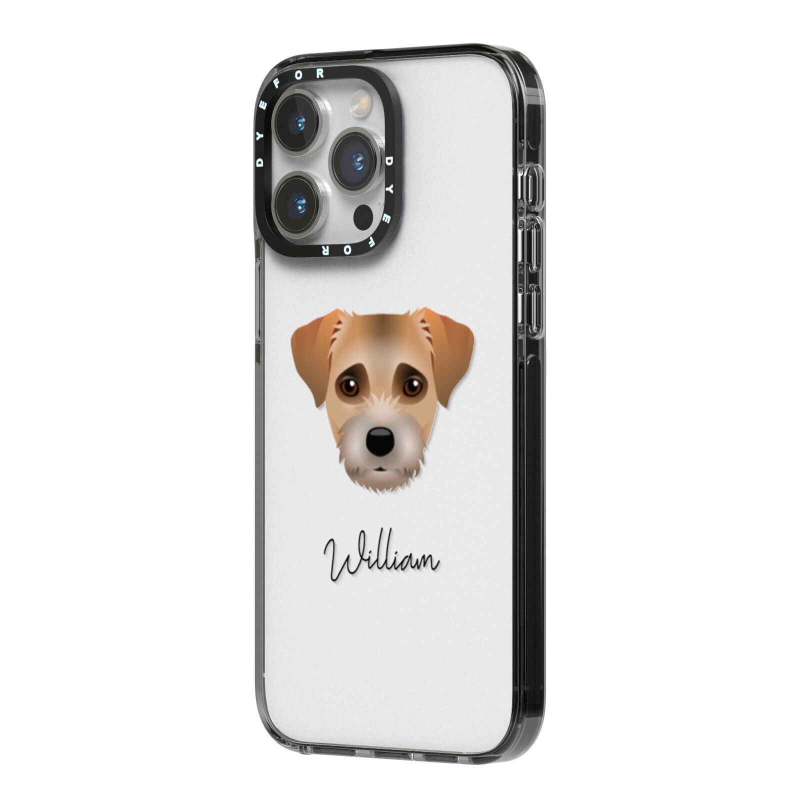 Border Terrier Personalised iPhone 14 Pro Max Black Impact Case Side Angle on Silver phone