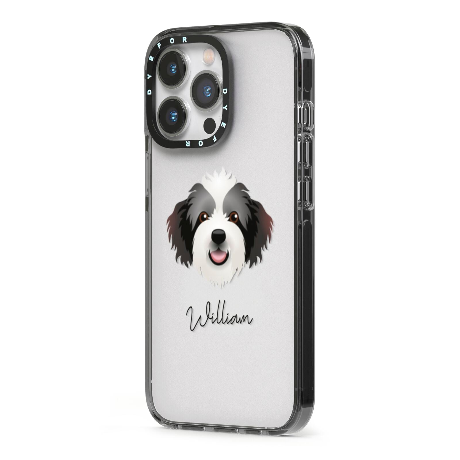 Bordoodle Personalised iPhone 13 Pro Black Impact Case Side Angle on Silver phone