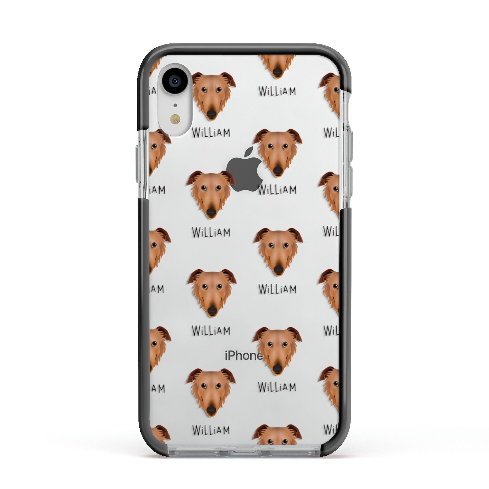 Borzoi Icon with Name Apple iPhone XR Impact Case Black Edge on Silver Phone