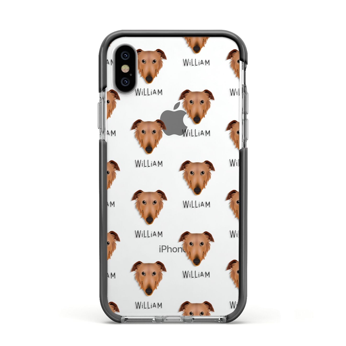 Borzoi Icon with Name Apple iPhone Xs Impact Case Black Edge on Silver Phone