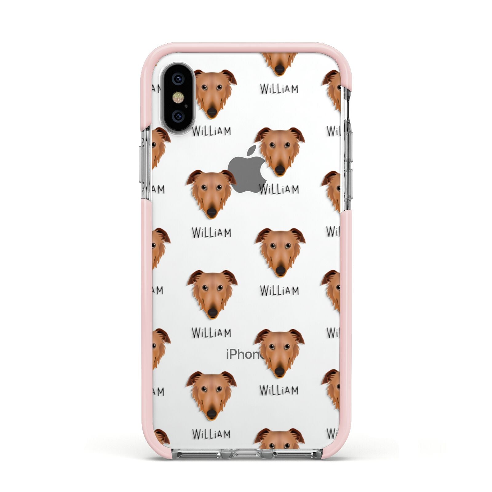 Borzoi Icon with Name Apple iPhone Xs Impact Case Pink Edge on Silver Phone