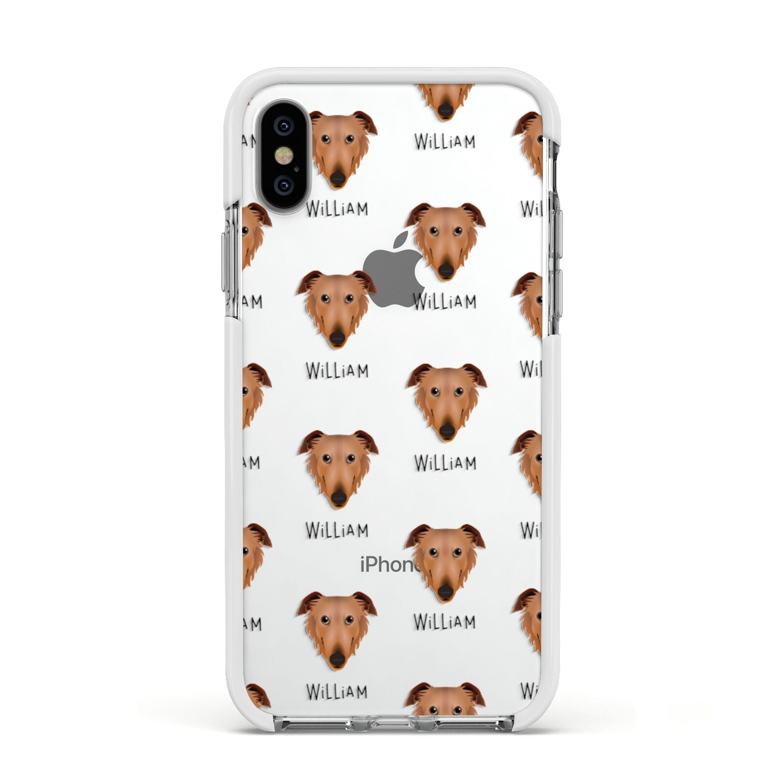 Borzoi Icon with Name Apple iPhone Xs Impact Case White Edge on Silver Phone