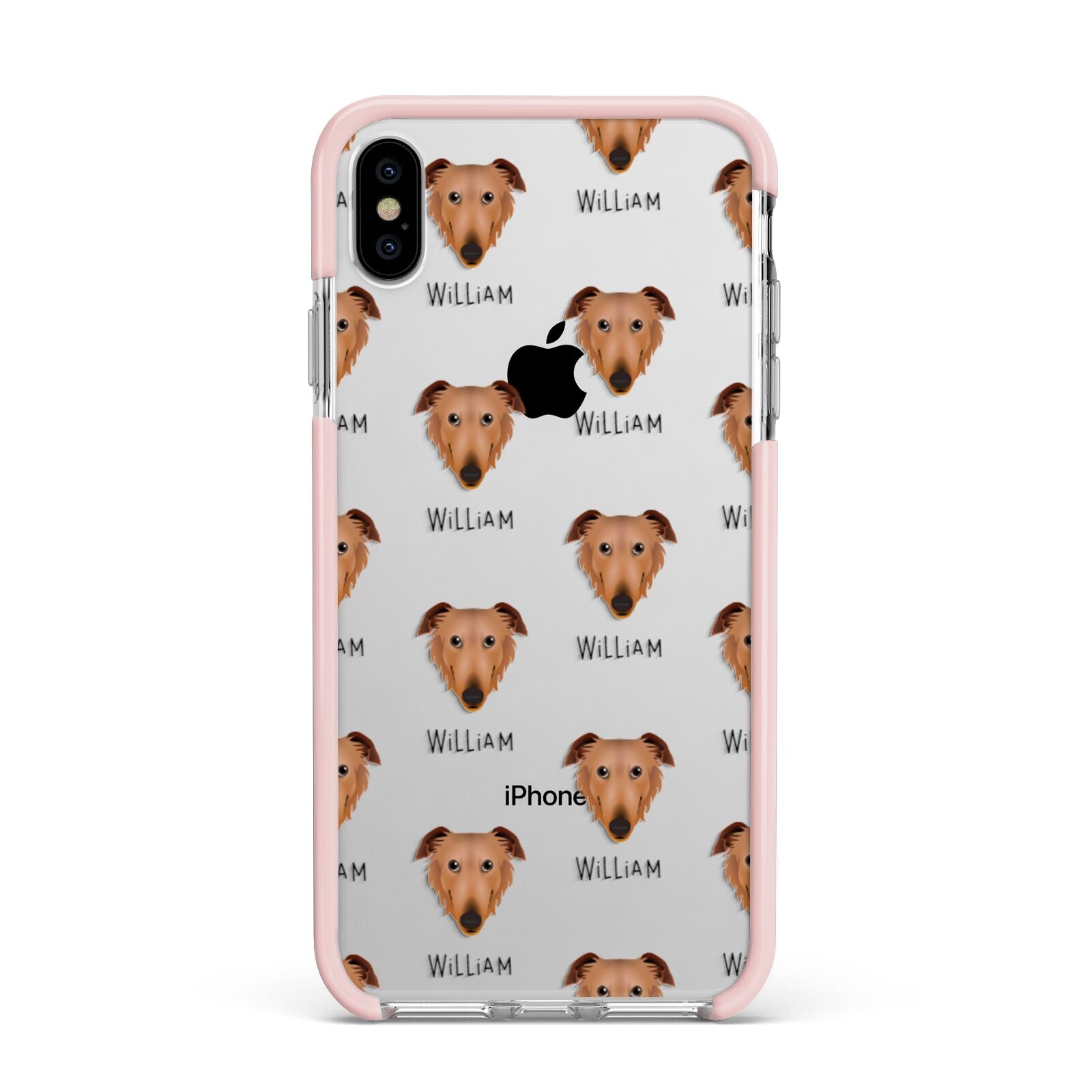Borzoi Icon with Name Apple iPhone Xs Max Impact Case Pink Edge on Silver Phone