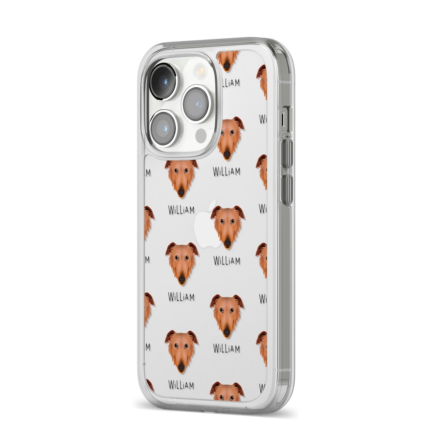 Borzoi Icon with Name iPhone 14 Pro Clear Tough Case Silver Angled Image
