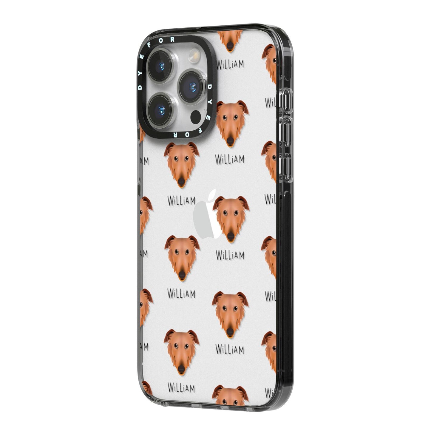 Borzoi Icon with Name iPhone 14 Pro Max Black Impact Case Side Angle on Silver phone