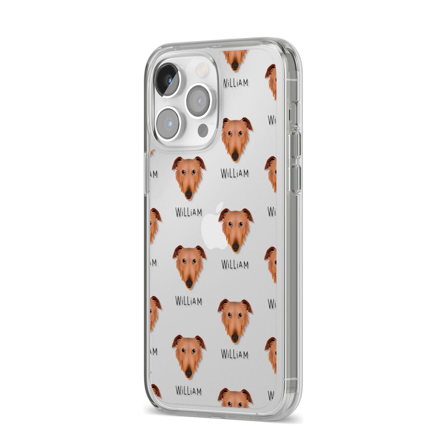 Borzoi Icon with Name iPhone 14 Pro Max Clear Tough Case Silver Angled Image