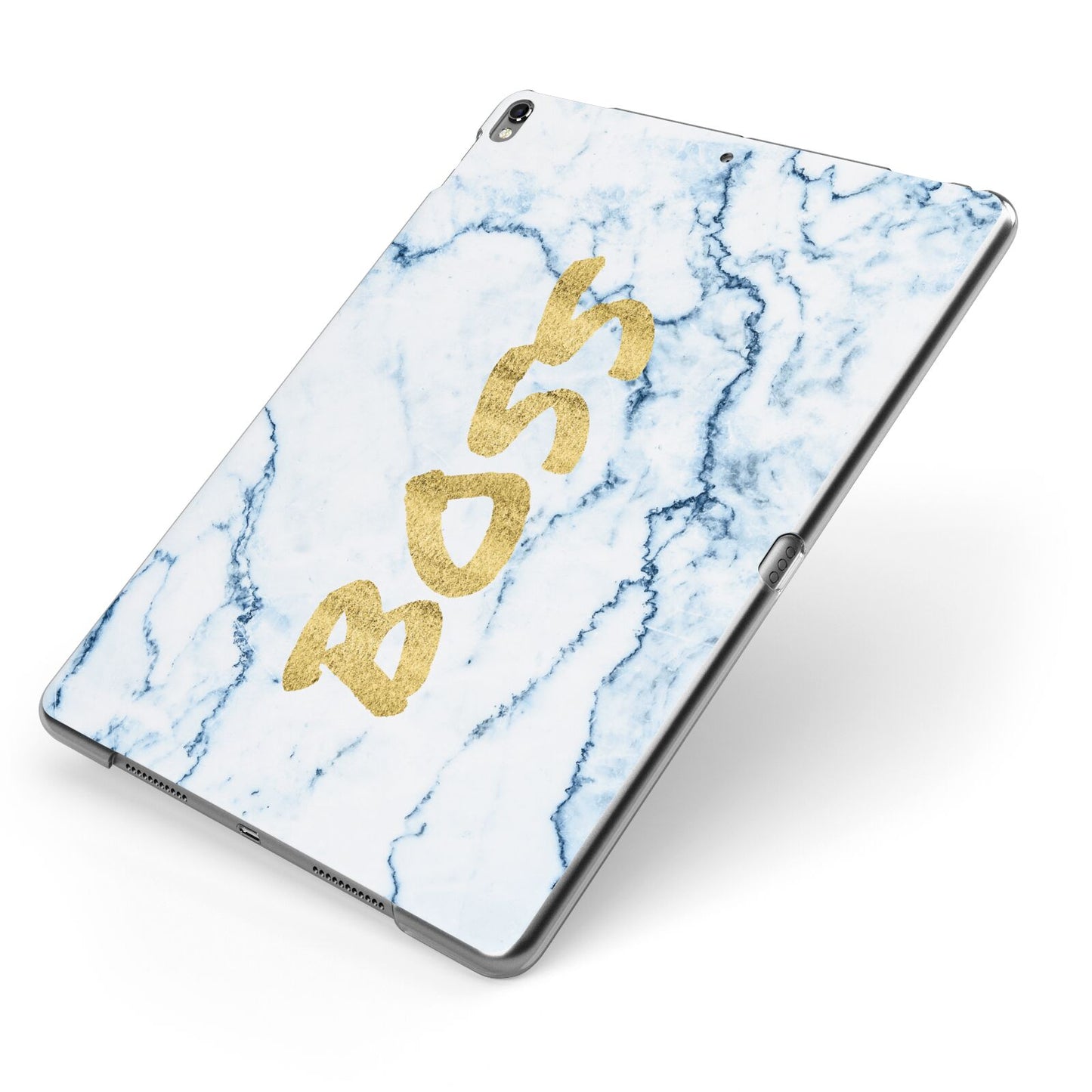 Boss Gold Blue Marble Effect Apple iPad Case on Grey iPad Side View