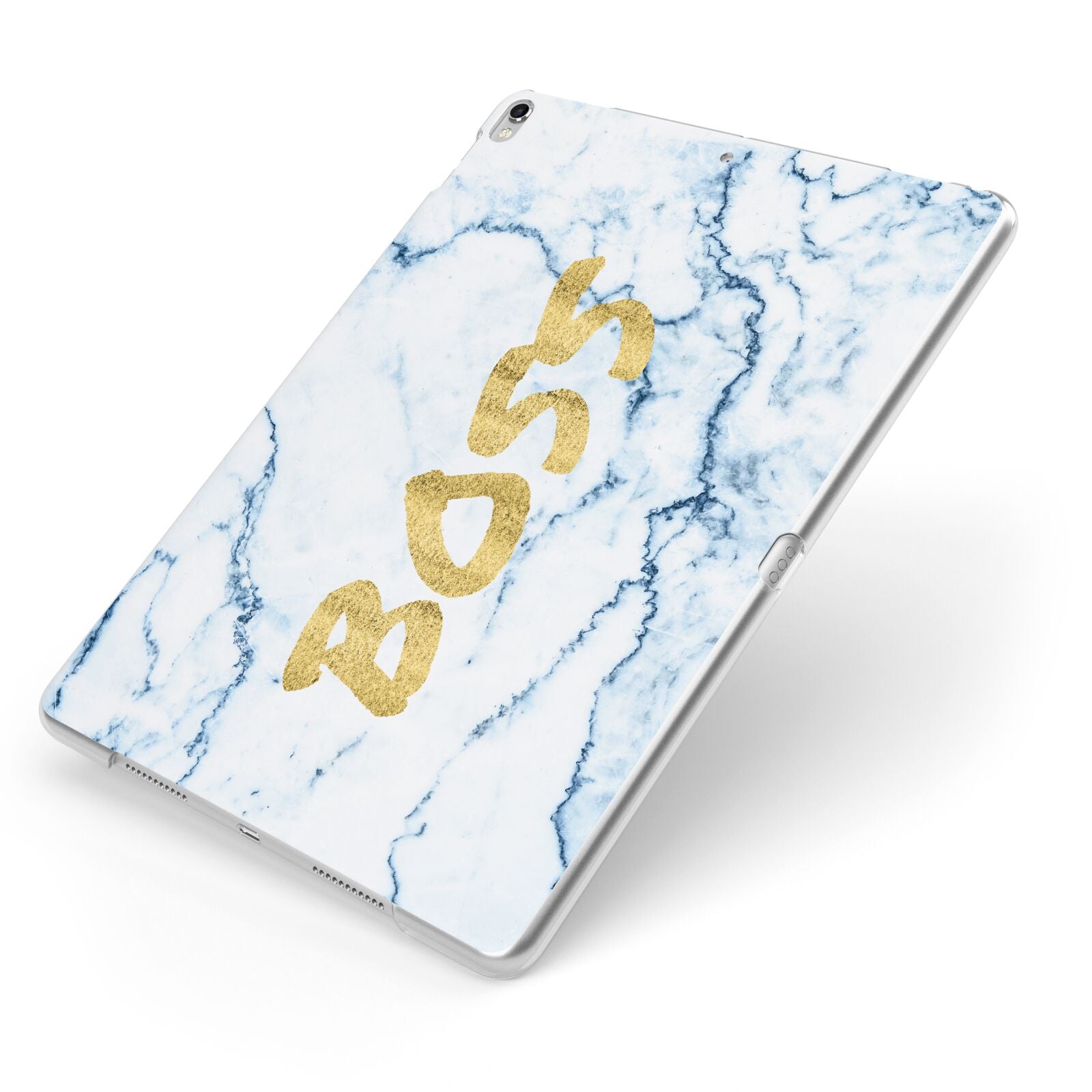 Boss Gold Blue Marble Effect Apple iPad Case on Silver iPad Side View